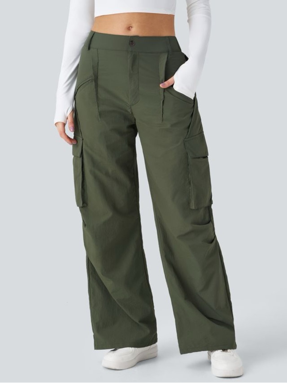 Halara Mid-Rise Wide-Leg Baggy Cargo Pants Army Green Nylon Medium 8/10 - Picture 10 of 10